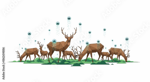 Creative geometric low poly illustration of deer grazing in a green field with digital network connection nodes and futuristic environmental concept.
