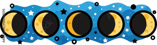 A whimsical illustration displaying five yellow crescent moon phases against a wavy dark blue starry night sky