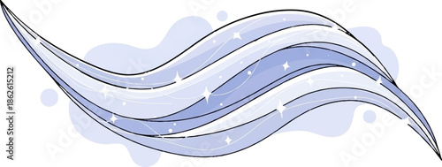 Abstract wavy ribbons in shades of blue with sparkling stars and dots on a white background