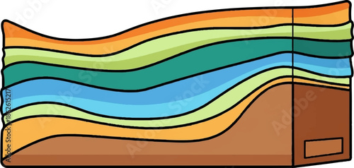Abstract wavy colorful layers, like geological strata or stacked materials, contained in a brown box