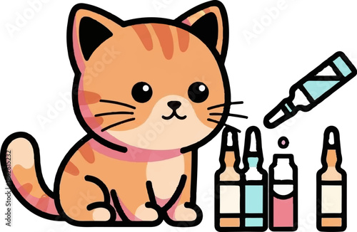 Adorable cartoon ginger cat sits by stylized medicine vials and a dropper, health and science theme