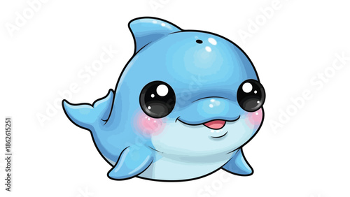A cheerful cartoon dolphin with pink blush and big eyes on a plain white background, smiling and looking directly at the viewer.