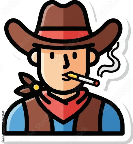 An illustration of a cowboy wearing a hat and bandana, smoking a cigarette, with smoke curling