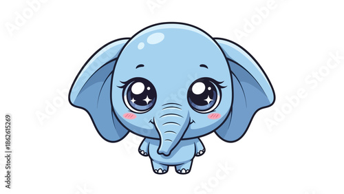 A cute cartoon blue elephant with big eyes and rosy cheeks against a clean white background.