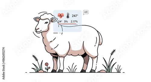 Smart farming concept illustration of a sheep with digital health monitoring interface tracking heartbeat and temperature in a modern agricultural field.