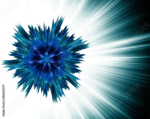 An abstract digital explosion of vibrant blue and turquoise spikes radiating light on a white background