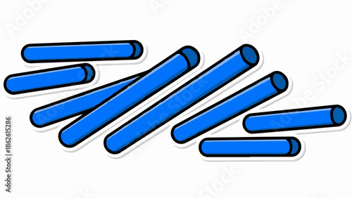 An abstract illustration featuring multiple blue cylindrical shapes with black outlines and shadows, scattered against a white background
