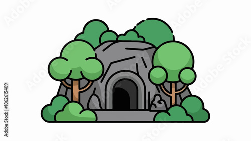 An illustrated cartoon cave entrance in a gray rocky mountain with green trees and bushes