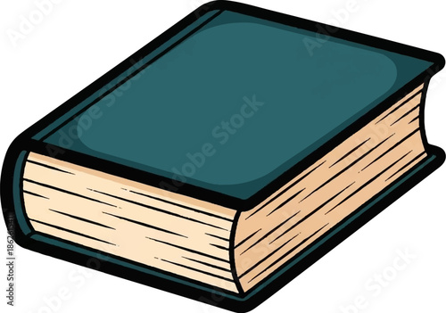 An illustrated closed book with a teal cover and visible light-colored pages, depicted from an angled perspective