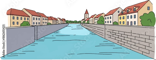 An illustrated long shot of a town canal with colorful houses lining both banks under a clear sky