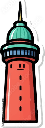 An illustrated sticker of a tall, red, conical tower with a green dome and spiky top, outlined in black