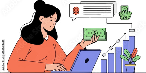 An illustrated woman on a laptop holds cash, thinking about earnings, next to a growing bar chart and plant