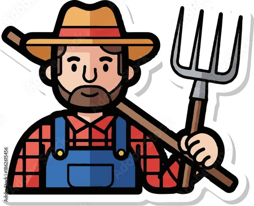 An illustration of a bearded farmer wearing a straw hat and overalls, holding a pitchfork