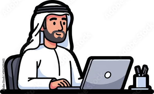 An illustration of a bearded man in traditional attire using a laptop at a desk with a pen holder