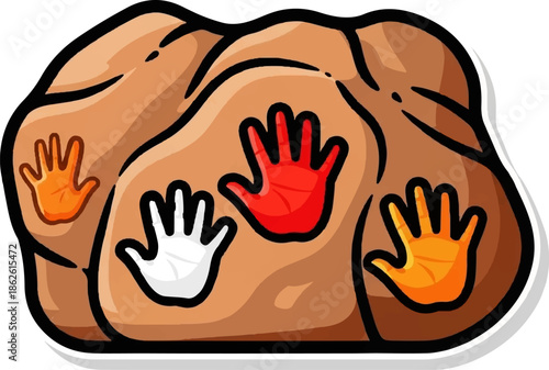 An illustration of a brown rock adorned with colorful handprints in red, white, and orange, depicting ancient art