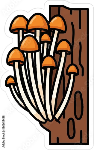 An illustration of a cluster of brown-capped mushrooms with white stems growing on a piece of wood