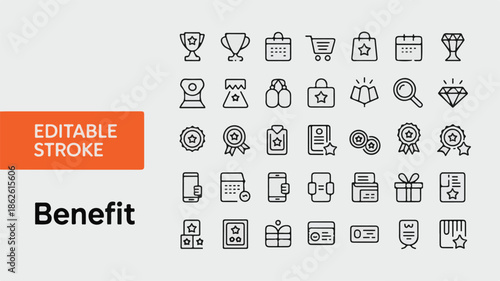 Collection of editable icons representing various benefits and rewards in a simple line art style