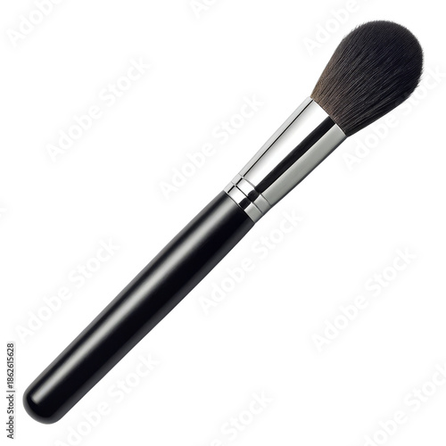 Makeup brush with black handle and silver ferrule isolated on white background