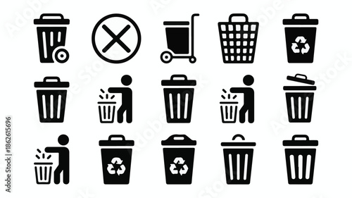 Waste management icons depicting various recycling and trash disposal actions in a clean and simple visual style