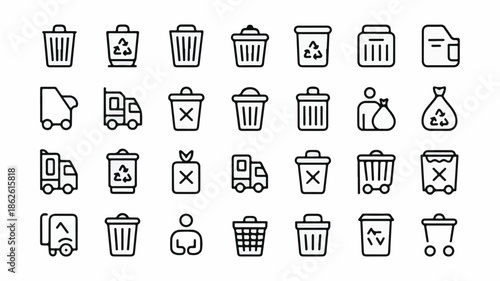 Collection of Waste Management Icons Featuring Trash Cans and Recycling Symbols in Various Settings