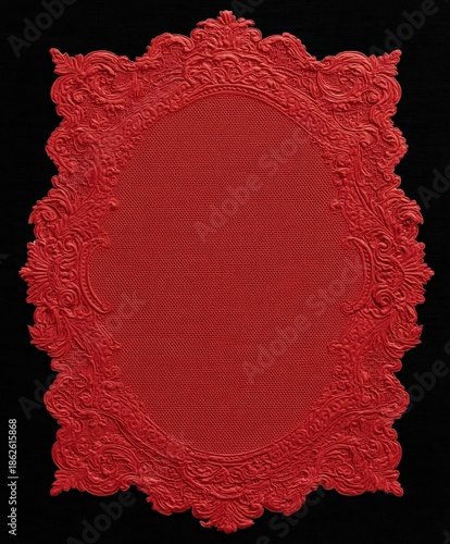 Ornate red lace oval frame with textured center on black luxury background for jewelry product placement, graphic design social media templates and branding