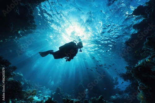 Wallpaper Mural Deep blue sea diving adventure featuring a woman exploring the underwater world in vibrant marine life and sunlight breaking through water Torontodigital.ca