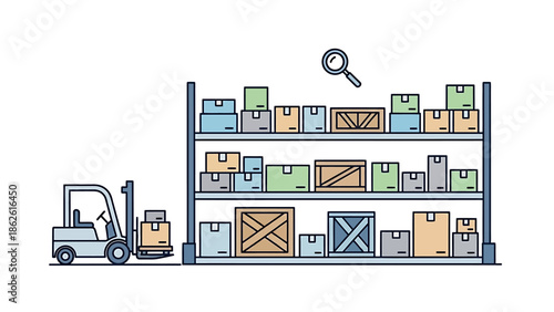 A forklift operating in a warehouse with shelves full of boxes and crates, overseen by a magnifying glass icon.