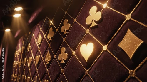 A luxurious display of gold playing card suits on a rich purple velvet wall with diamond pattern and warm lighting effects