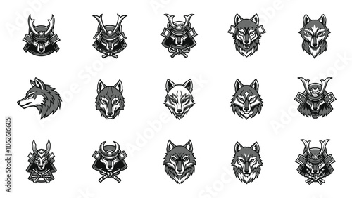 Collection of 15 black and white wolf head illustrations with various expressions on a plain white background.
