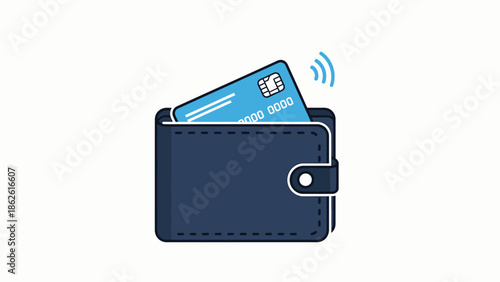 Blue wallet with a contactless credit card sticking out, illustrating modern payment methods.