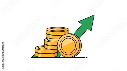 A stack of golden coins with a green arrow pointing upwards, symbolizing financial growth and investment.