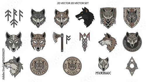 Collection of 20 vector illustrations featuring wolf heads, shields, axes, and tribal symbols in various brown and gray tones on a white background.
