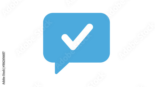 Blue speech bubble with white checkmark icon. Flat vector illustration of verified message, approval feedback, and social media confirmation symbol isolated on white background.
