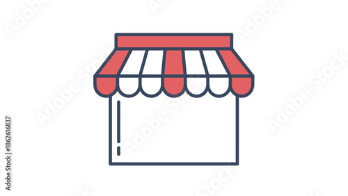 Simple line art icon depicting a storefront with a red and white striped awning, symbolizing a shop or business.