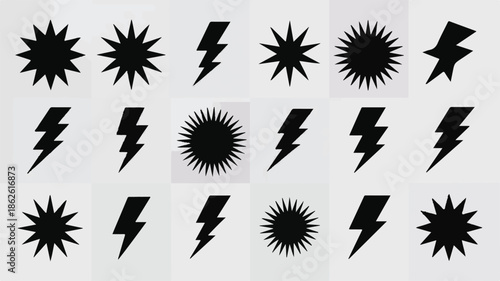 A collection of black lightning and starburst icons on a grey background viewed from directly above
