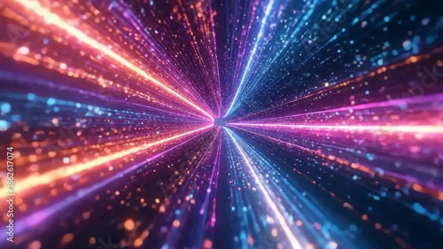 Abstract digital tunnel with colorful light streaks converging towards a central vanishing point.