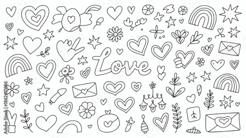 A collection of hand drawn love-themed doodles featuring hearts, flowers, and symbols in a simplistic style