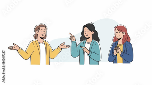 Three women discussing ideas and sharing opinions in a meeting.