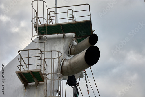 chimney of a new fishing vessel in Vigo harbor