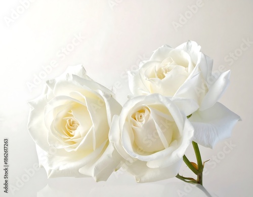 Three pristine white roses, capturing soft light on delicate petals, stand on a pale reflective surface, radiating purity and serenity