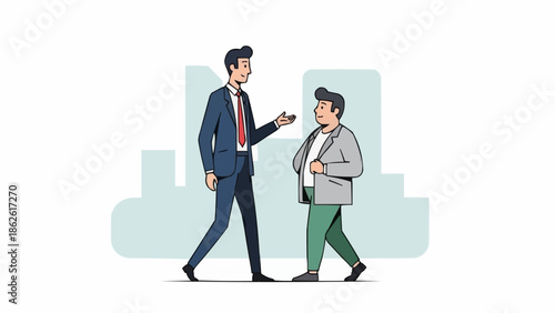 Two businessmen walking and talking in a city setting.