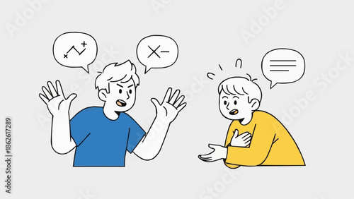 Two men arguing and discussing ideas with speech bubbles above their heads.
