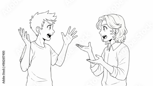 Two young people talking and gesturing animatedly.