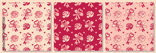 Collection of classic romantic seamless patterns featuring roses and bows in a soft pink tone color palette. Timeless designs for fabric, wallpaper, and elegant backdrops.