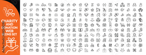 Charity and Donation set of web icons in line style. Volunteering and donation icons for web and mobile app. Help, caring, solidarity, alms, donate, volunteer, care, charity and more. big icon set 