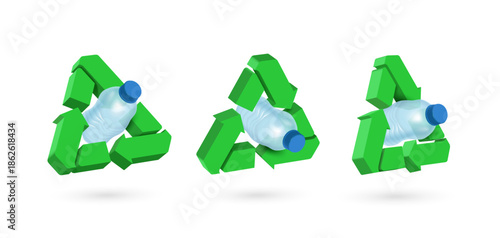 3d green recycling logo, swirling around plastic bottle in three different perspectives, to promote waste separation campaigns on world Recycling day, 3D vector illustration for advertising design