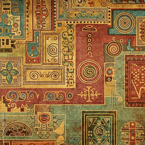 Richly colored textile pattern displays intricate geometric and stylized motifs in an aged texture