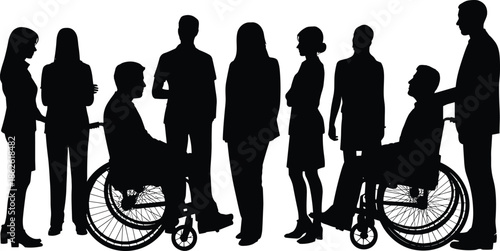 Diverse group of professional business people including colleagues in wheelchairs standing together in a corporate setting representing workplace inclusion and equality.