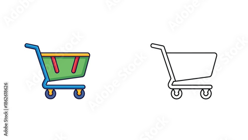 Comparison showcasing a colorful flat design shopping cart next to a black and white outline icon representing another version of the same retail container