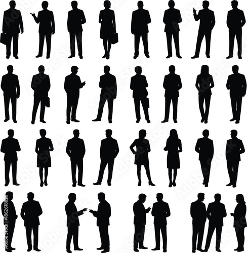 business,people,silhouettes,professionals,men,women,standing,talking,meeting,corporate,office,team,discussion,full,length,isolated,white,background,modern,collection